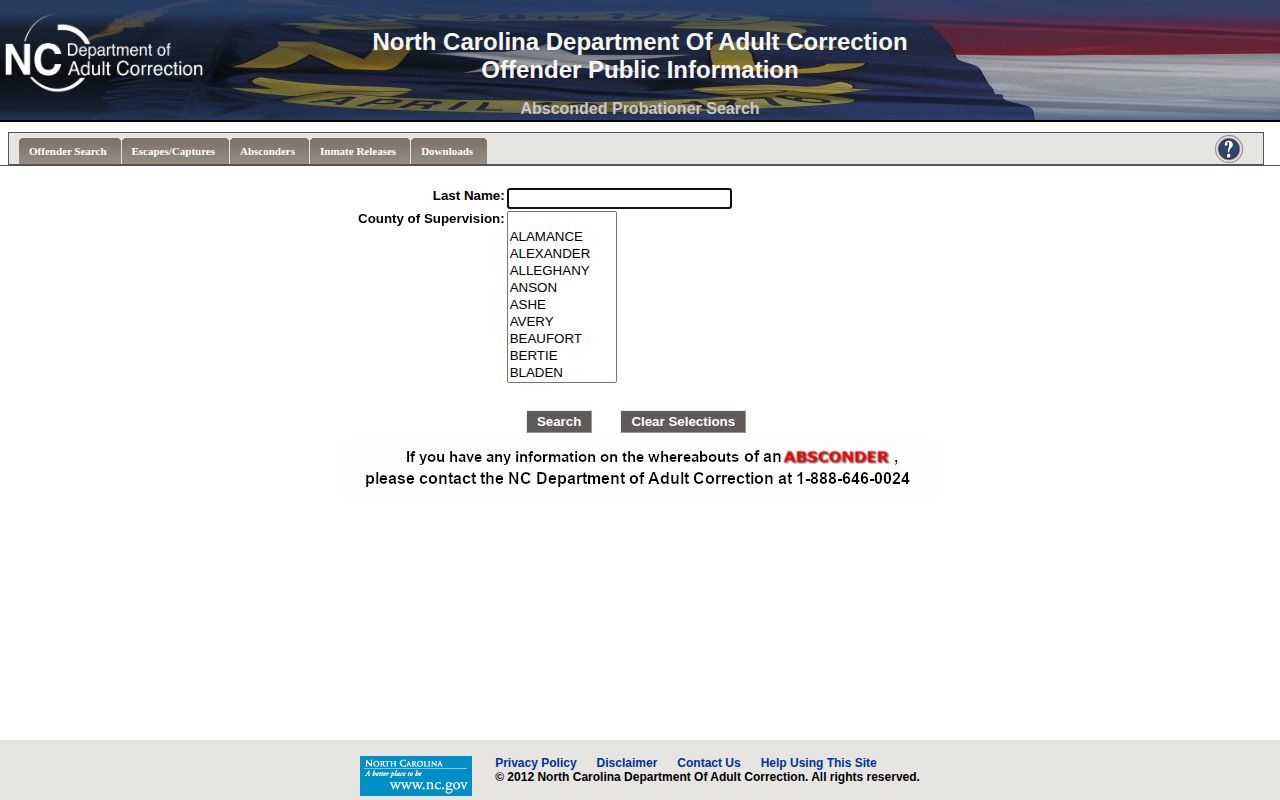 NCDAC absconder search for Edgecombe County parole and probation records