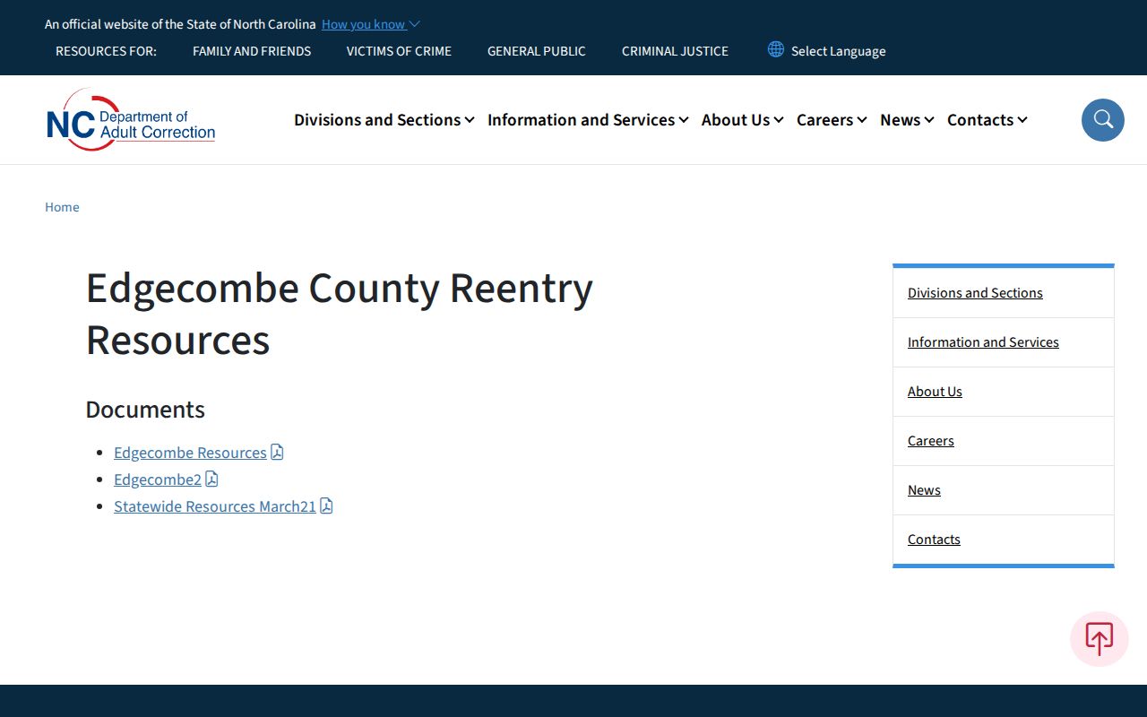 NCDAC Edgecombe County reentry resources after inmate release